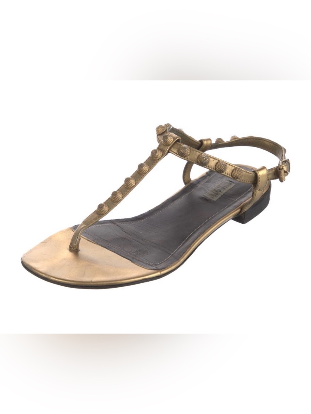 Balenciaga Metallic Gold T-Strap Studded Sandal